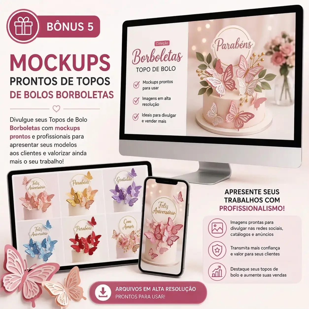 Mockups Prontos de Topos de Bolos Borboletas para Divulgação
