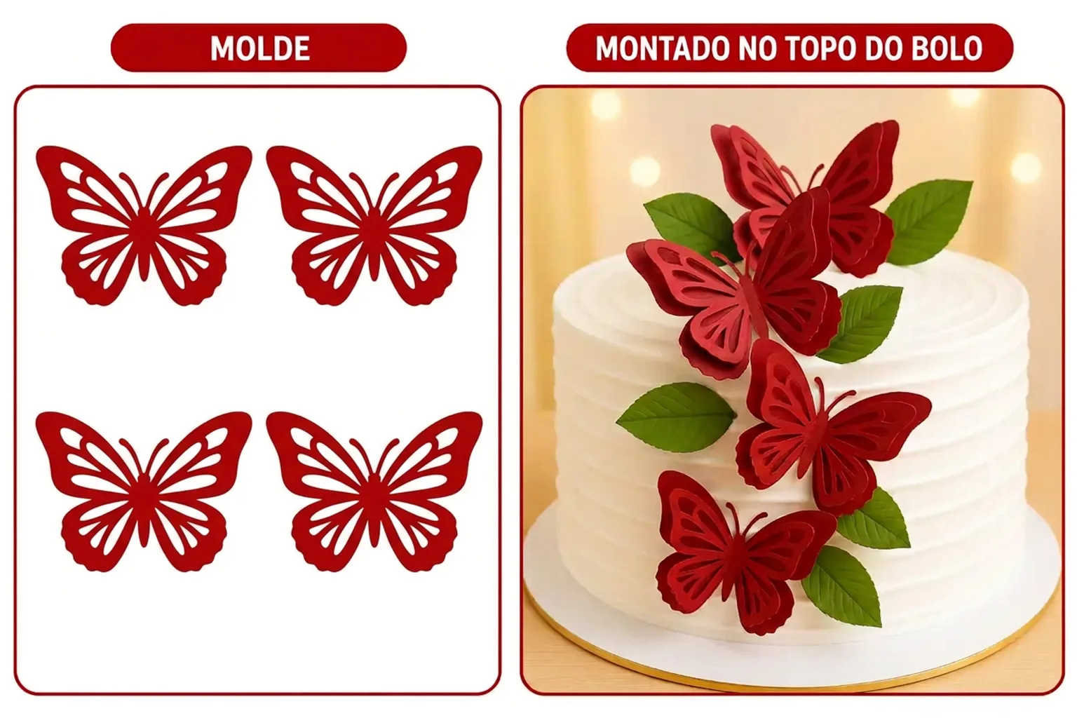 Molde de borboleta impresso e o resultado montado no topo do bolo